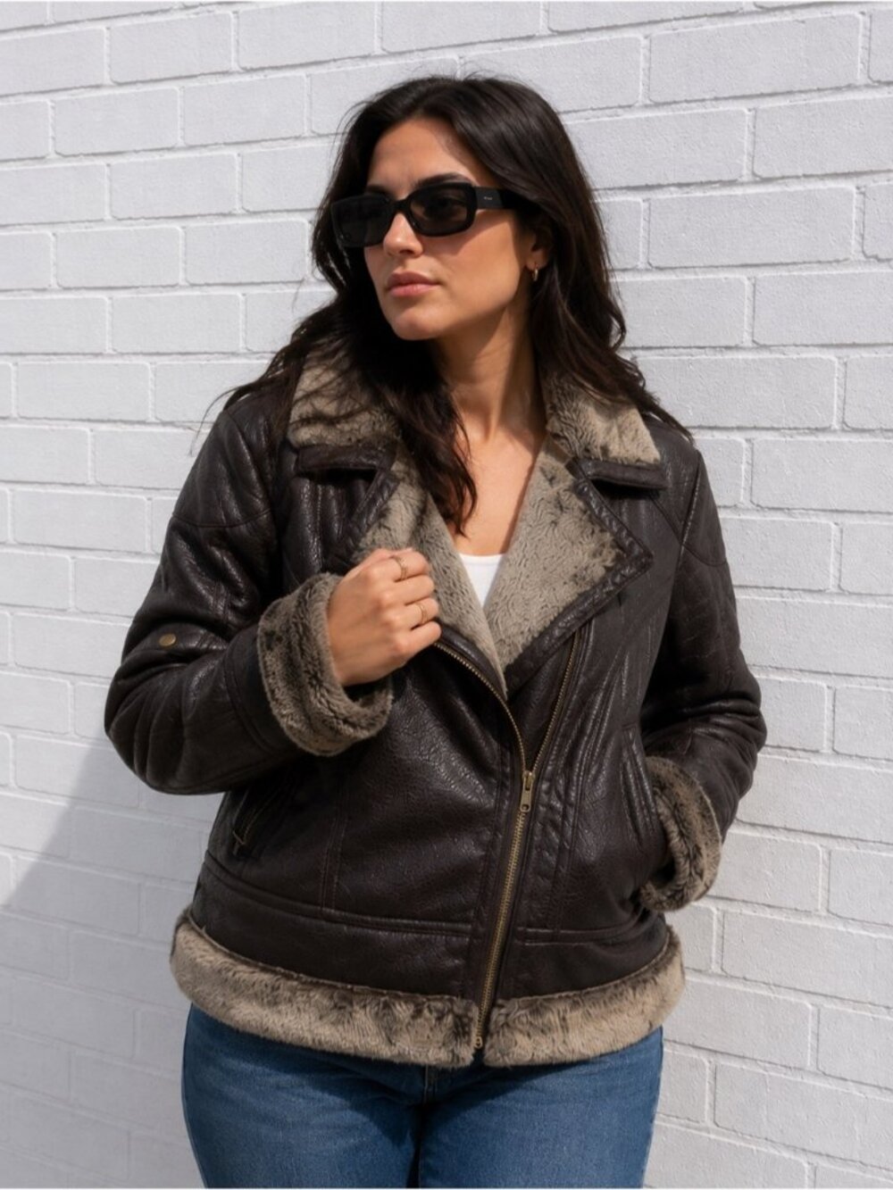 Vintage 90s Y2K Faux Leather Fur Lined Aviator Jacket Coat Brown size medium